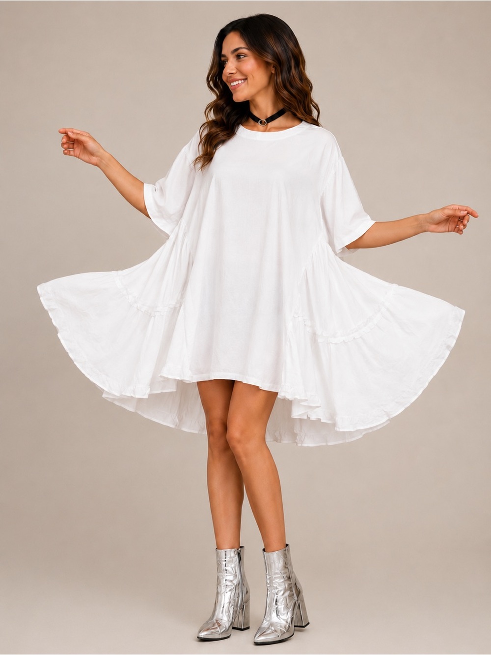 Women's White Asymmetrical Ruffle Hem T-Shirt Top